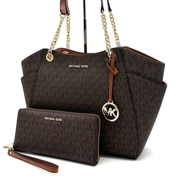 Michael Kors Large Jet Set Travel Chain Shoulder Bag & Continental Wallet Brown - Picture 1 of 15